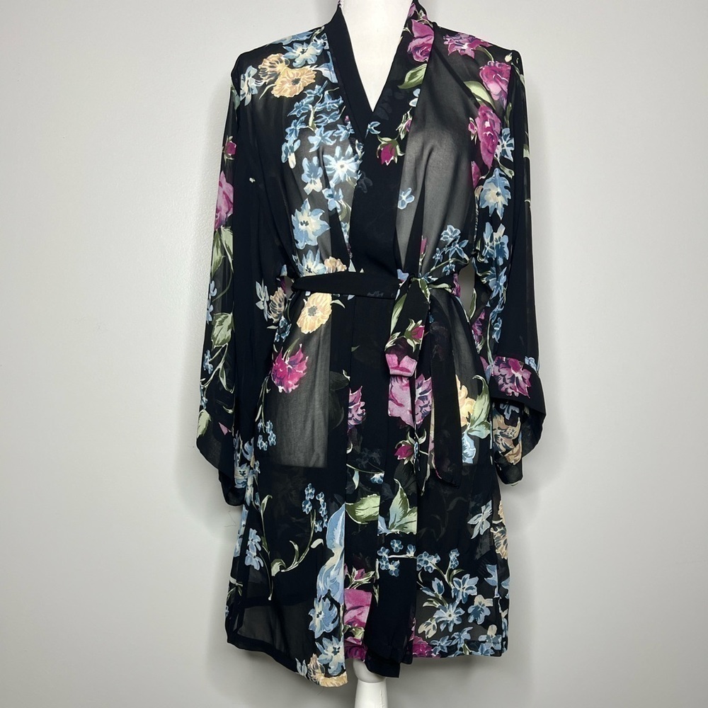 Helena Quinn Georgette Sheer Belted Floral Kimono Bath Robe